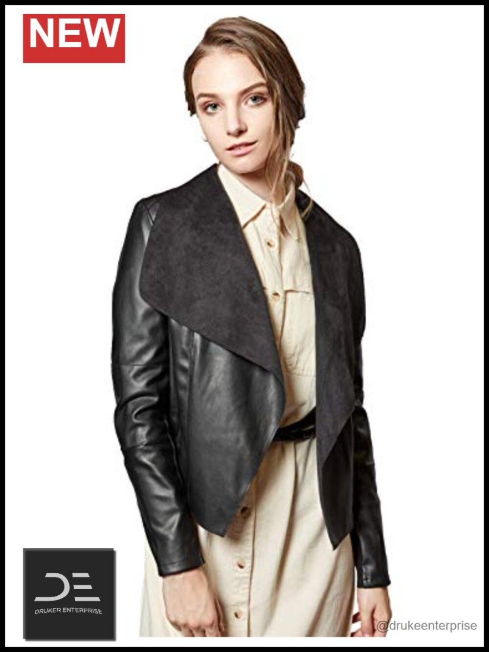 Faux Leather Jacket Slim Open Front Lapel Long Sleeve Blazer